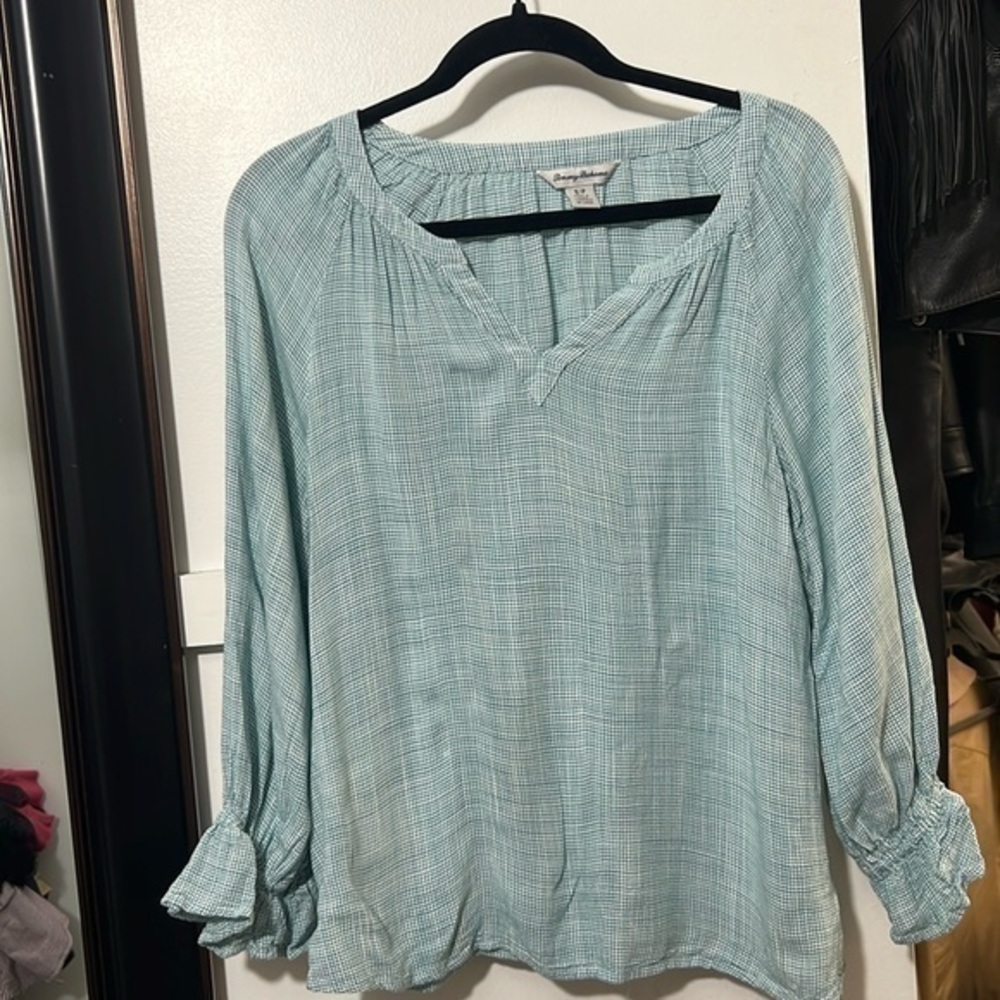 Tommy Bahama size small blue checkered, long sleeve with ruffle sleeves